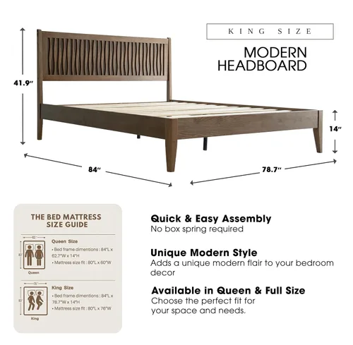 Vista 2 de Marco de cama tamaño King, cama plataforma de madera sólida con cabecera y pie de cama, 12 listones resistentes, patas centrales de metal, fácil