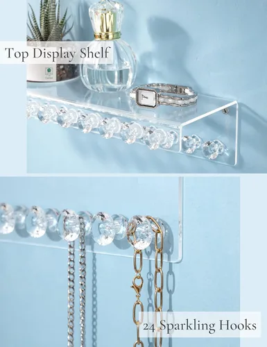 Vista 4 de Mymazn Paquete de 2 soportes acrílicos para collares con estante y 24 ganchos en forma de diamante, organizador de joyas montado en la pared