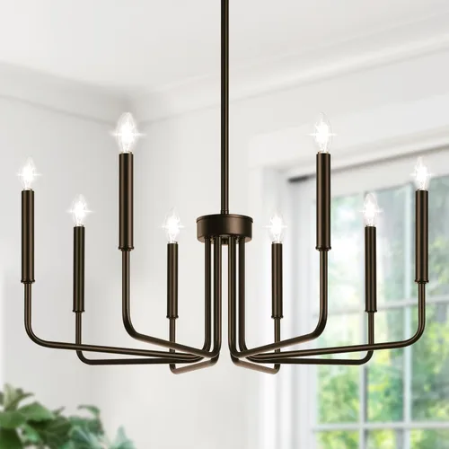 Vista 17 de Lynnoland - Candelabros de 6 luces de granja para comedor, accesorios de iluminación colgantes, lámparas industriales modernas para dormitorio Negro
