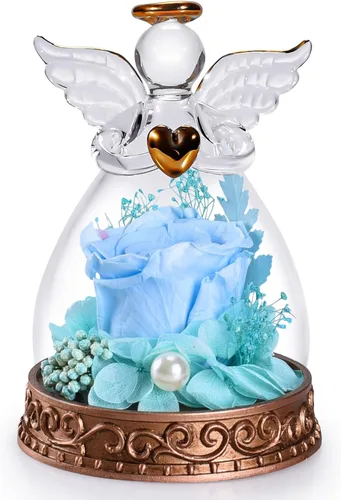 Vista 8 de Figura de ángel de rosa real preservada en vidrio con luz LED, regalos de ángel para mujeres, mamá, abuela en el día de la madre, Navidad, Azul