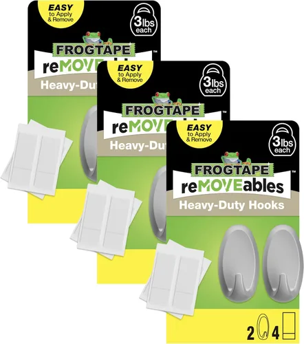 Vista 13 de Ganchos adhesivos de pared resistentes FrogTape reMOVEables, sin daños, fáciles de quitar y reutilizar, incluye 2 ganchos y 4 tiras para colgar