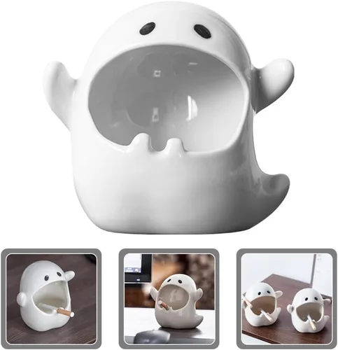 Vista 8 de GANAZONO Cenicero fantasma adorno de cerámica lindo soporte decorativo para fumadores compacto para uso en interiores, decoración de mesa para sala