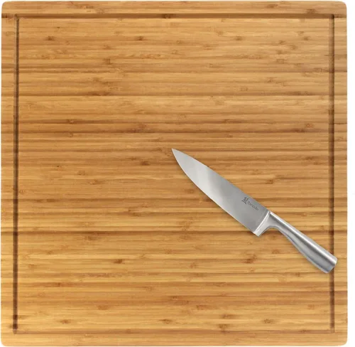 Vista 9 de BambooMN Tabla de cortar de bambú resistente de alta calidad, 17.25 x 11.75 x 0.75 pulgadas, ranurada/plana con combo de cuchillo de chef