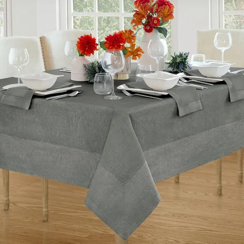Vista 10 de Elrene Home Fashions Villeroy and Boch New Wave - Mantel de tela de lino con borde metálico, redondo, 90 pulgadas, blanco/plateado