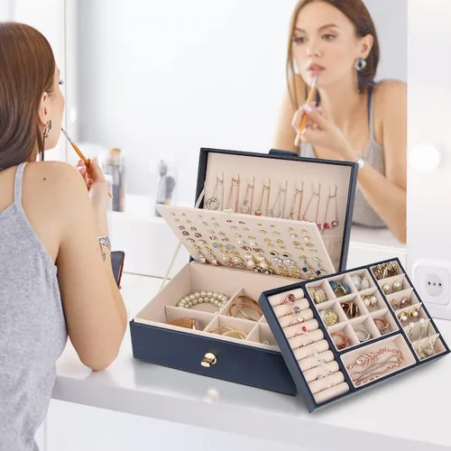 Vista 5 de YONZONE Joyero para mujeres y niñas, organizador de joyas grande para anillos, aretes, collares, pulseras, estuche organizador de joyería de piel