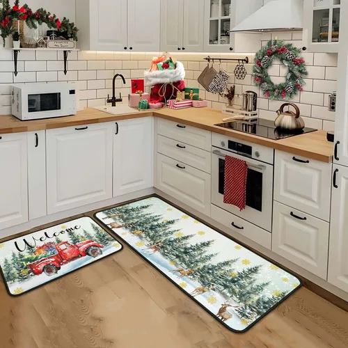 Vista 7 de Juego de 2 alfombras y tapetes de cocina navideñas para camiones, decoraciones navideñas para el hogar, antideslizantes con respaldo, alfombras