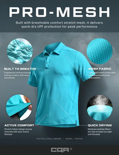 Vista 7 de CQR Camiseta polo táctica para hombre, de manga corta, ligera y con Dry Fit, tela piqué, FPU 50+, para exteriores