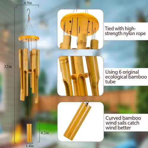 Vista 3 de Campanillas de viento de madera de 32 pulgadas para exteriores, tono zen clásico profundo para relajación, patio, jardín, decoración del hogar al