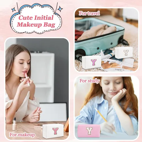 Vista 5 de Bolsa de maquillaje con parche de letra inicial personalizada, bolsa de cosméticos de chenilla preppy con letra de chenilla con cremallera, Y