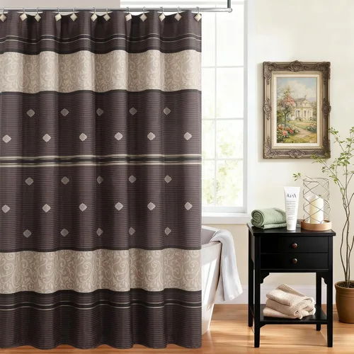 Vista 17 de Cortina de ducha de tela negra y beige, cortina de ducha con estampado de medallón vintage, cortina de baño decorativa impermeable, 72 pulgadas