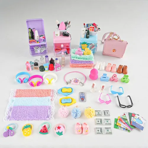 Vista 5 de Juego de 116 piezas de accesorios para casa de muñecas, herramientas de maquillaje, artículos de tocador de baño, bolso para bricolaje, micro