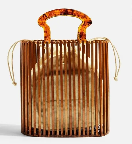 Vista 5 de Bolso de bambú de moda para mujer con asa de acrílico, bolsa de cubo de verano para playa