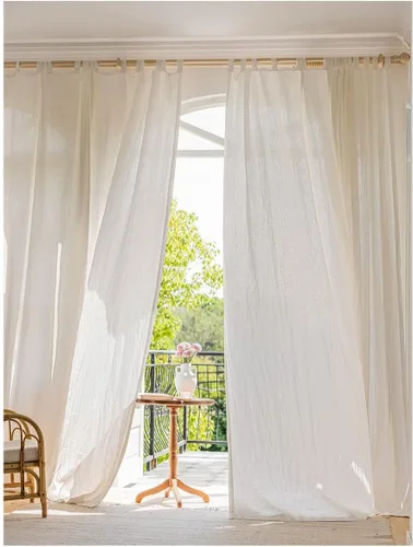 Vista 34 de Cortinas semitransparentes de 100 % lino para sala de estar, juego de cortinas largas plisadas de estilo bohemio neutro para decoración de casa