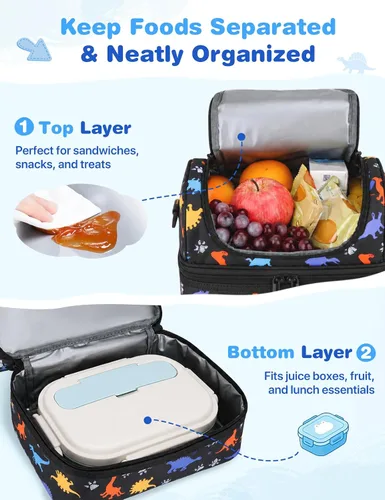 Vista 3 de VASCHY - Lonchera para niños, bolsas de almuerzo aisladas de dos compartimentos para niños y niñas con correa para el hombro para la escuela