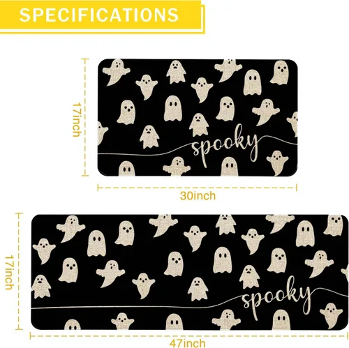 Vista 2 de Mloabuc® Happy Halloween - Juego de 2 tapetes de cocina, alfombra de cocina decorativa negra espeluznante con texto divertido, alfombra de piso