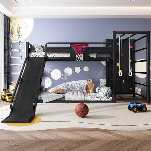 Vista 3 de Cama tipo loft de metal individual con estanterías deslizantes y de almacenamiento, marco de cama de metal resistente con aro de baloncesto, anillos