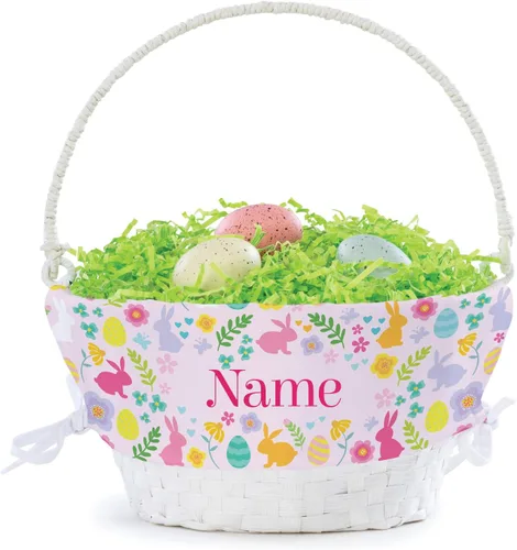 Vista 3 de Cesta de huevo de Pascua personalizada con diseño de flores de conejo con asa y nombre personalizado, forros de canasta de Pascua rosados, canasta
