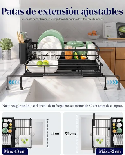 Vista 3 de Kitsure Escurridor extensible para platos – Escurridor de platos resistente al óxido para encimera de cocina con patas de soporte ajustables