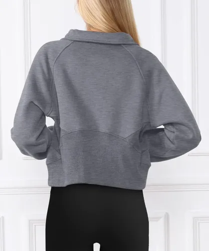 Vista 4 de Trendy Queen Sudadera corta con media cremallera para mujer, sudadera de forro polar con cremallera de un cuarto, ropa de invierno, suéter