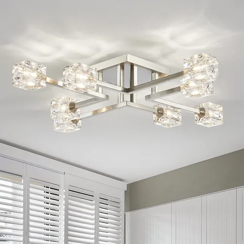 Vista 19 de XINGQI Lámpara de techo moderna de 6 luces, lámpara de montaje semiempotrado Sputnik, lámparas de araña doradas en negro para recámara, comedor