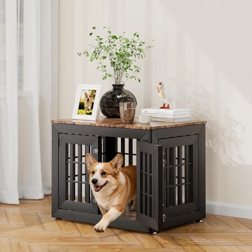 Vista 8 de Snuowu Mueble de jaula de perro resistente de 26 pulgadas para perros pequeños, medianos y grandes, jaula rústica de madera para perros, muebles