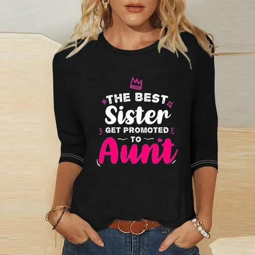 Vista 4 de Blusa casual de moda para mujer, cuello redondo, con estampado de letras, blusas sólidas, manga 34, cómoda, ropa