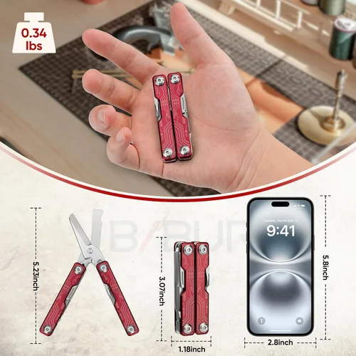 Vista 3 de BIBURY Mini Llavero Multiherramienta Tijeras BI2061R, 9 en 1 Multiherramienta EDC Tijeras con Destornillador, Abrebotellas, Cuchillo de Bolsillo