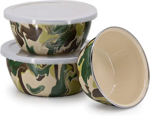 Vista 2 de Golden Rabbit Enamelware - Cuencos de almacenamiento anidables con tapas, juego de 3, camuflaje Mixing, Serving & Storage Bowls, Carbon Steel Core
