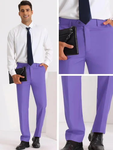 Vista 4 de Lars Amadeus Pantalones de vestir de negocios para hombre, corte recto, frente plano, para boda, trabajo, pantalones chinos