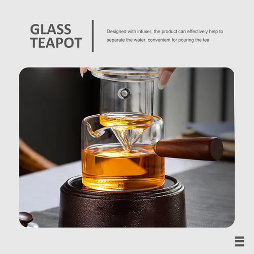 Vista 7 de CALLARON Tetera de vidrio de 18.6 onzas, tetera transparente con infusor, tetera con mango de madera antiquemaduras, infusor de té de hojas sueltas