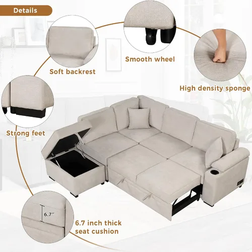 Vista 3 de Sofá cama modular con almacenamiento otomano, sofá cama extraíble con carga USB y portavasos, en forma de L, cómodos sofás para sala de estar, sofá