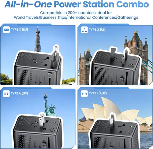 Vista 3 de Convertidor de voltaje de 220 V a 110 V de EE. UU. a Europa para secador de pelo con carga rápida 2 USB A y 2 USB C, adaptador de convertidor
