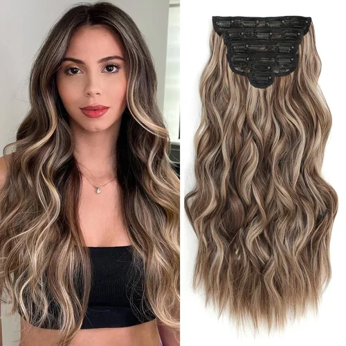 Vista 15 de Fliace Extensiones de cabello con clip para mujer, extensiones de cabello ondulado largo de color marrón medio, extensiones de cabello sintético