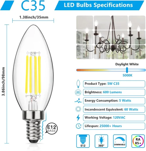 Vista 10 de MAXvolador, bombillas LED regulables E12 candelabro clásico, equivalentes a 60 W, luz blanca diurna de 5000 K, bombilla LED de araña de 600 lm