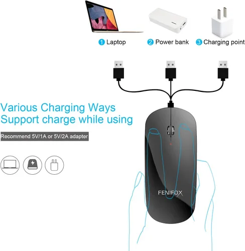 Vista 5 de FENIFOX mini mouse Bluetooth, mouse óptico móvil portable ultrafino con batería recargable para PC, Mac, laptop, tablet Android, Negro