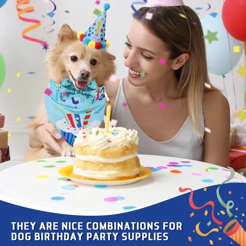 Vista 5 de Weewooday Suministros para Fiesta de Cumpleaños de Perro, Pañuelo de Cumpleaños para Niño y Niña, Bufanda Triangular, Sombrero de Fiesta, Corbata