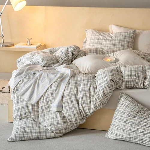 Vista 15 de VM VOUGEMARKET - Juego de funda de edredón a cuadros de tamaño individual XL, ropa de cama de color verde, gris y naranja, algodón lavado, con 2