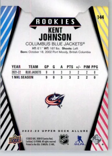 Vista 2 de 2022-23 Upper Deck Allure #144 Kent Johnson RC Rookie Columbus Blue Jackets NHL Hockey Trading Card