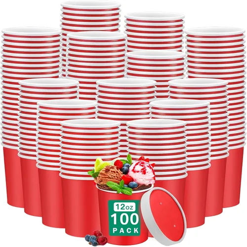 Vista 7 de Irenare 100 vasos de papel para helado de 12 onzas con tapas, cuencos desechables para postres, recipientes de sopa caliente, recipientes de papel