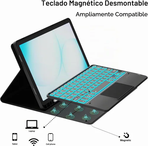 Vista 7 de Funda para Galaxy Tab A9+/A11+ de 11 pulgadas con teclado - Funda de tableta inalámbrica desmontable retroiluminada de 7 colores con panel táctil