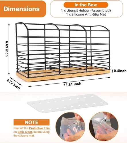 Vista 5 de Soporte grande para utensilios de cocina, 11.8 x 6.7 x 4.7 pulgadas, diseño estético de 3 compartimentos, organizador de utensilios de cocina