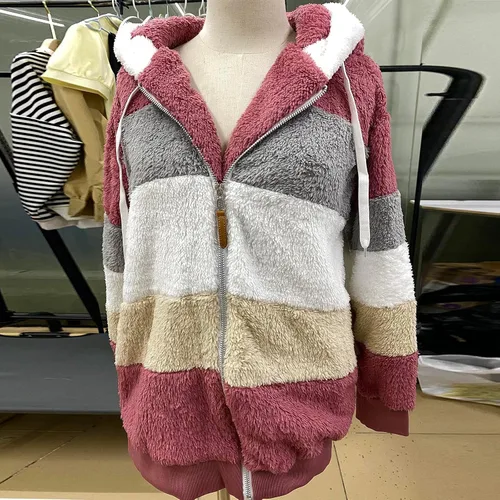 Vista 4 de Chaquetas de invierno para mujer, abrigo de felpa de color bloque de moda, casual, manga larga, suéter sudadera