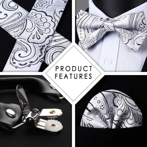 Vista 5 de HISDERN Tirantes para hombre Paisley Floral Pajarita Tirantes Bolsillo Cuadrado Conjuntos Ajustable Forma Y 6 Clips Tirantes de Boda