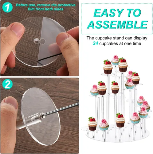 Vista 4 de uxcell Soporte acrílico para cupcakes, soporte transparente para 24 cupcakes, soporte de postres para pastelería, bandeja para servir para boda