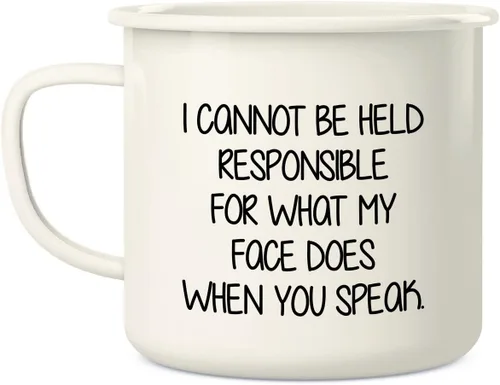 Vista 2 de Retreez Taza de café con texto en inglés "I Cannot Be Held Responsible For What My Face Does When You Speak When You Speak", de acero inoxidable
