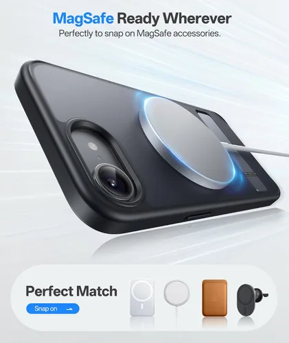 Vista 5 de Funda para iPhone 16e, Compatible con MagSafe y Soporte Integrado, Caída de Grado Militar, Mate Rugoso Resistente a Golpes Translúcido de Metal