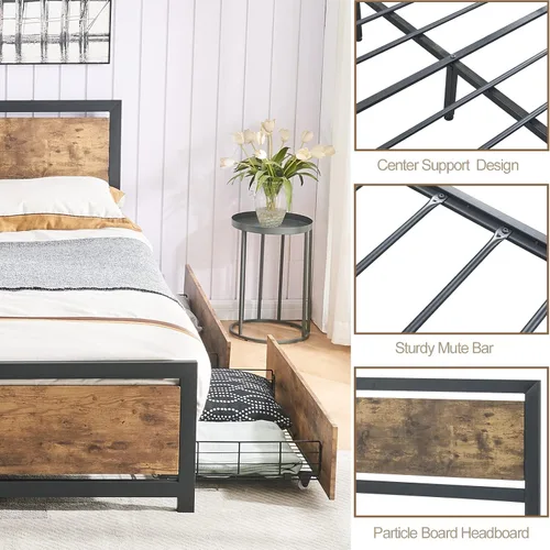 Vista 3 de Base de cama matrimonial resistente con 4 cajones, plataforma de almacenamiento de metal con cabecera de madera y espacio de almacenamiento, base