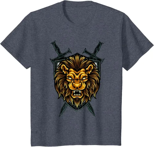 Vista 89 de Camiseta con diseño de caballero medieval renacentista, con diseño de espada de león, Negro, S