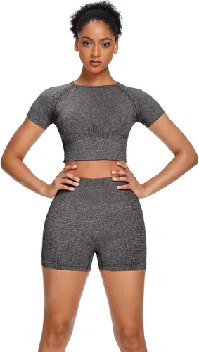 Vista 5 de Sytiz Conjunto de 2 piezas de yoga sin costuras para mujer, pantalones cortos de gimnasio y camiseta corta de manga corta