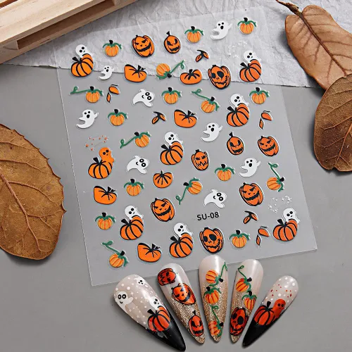 Vista 7 de 8 hojas de calcomanías de uñas de Halloween para arte de uñas, LPOODDNU de Halloween, calcomanías de uñas autoadhesivas 3D, suministros de arte